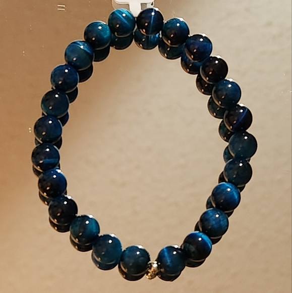Genuine Blue Ocean Tiger Eye Beaded Bracelet 7" - Picture 3 of 3